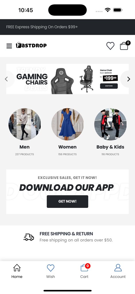 Pantalla de inicio de la aplicación móvil FastDrop con categorías de compras para hombres, mujeres y niños con banners promocionales.
