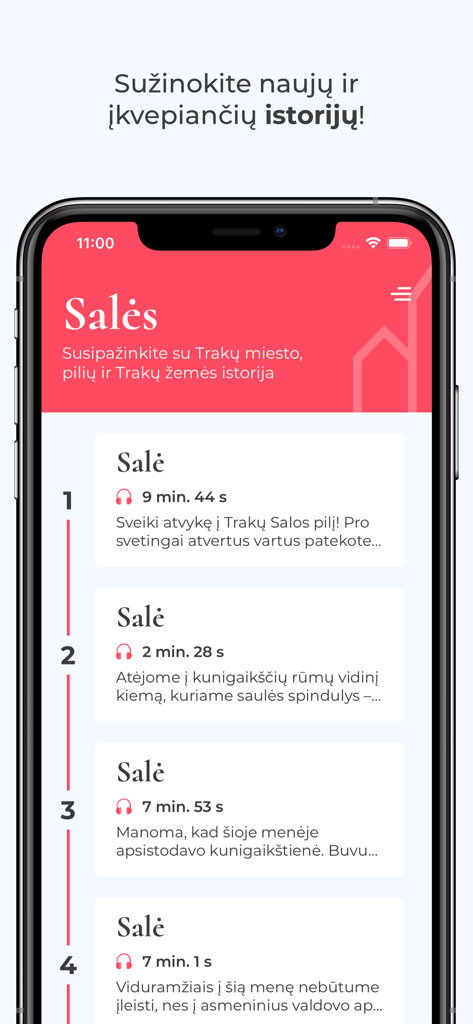 Mobile App-Oberfläche für das Trakai-Historische Museum, die eine Liste von Schloss-Sälen mit Längen der Audioguides zeigt.