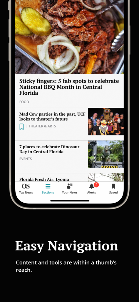 Interface of the Orlando Sentinel app showing local news stories and a navigation bar with sections for Top News, Your News, and Alerts