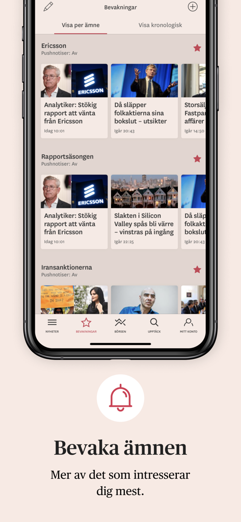 追跡された金融トピックと株式市場の更新情報を含むパーソナライズされたニュースフィードを表示するOmni Ekonomiモバイルアプリのインターフェース。