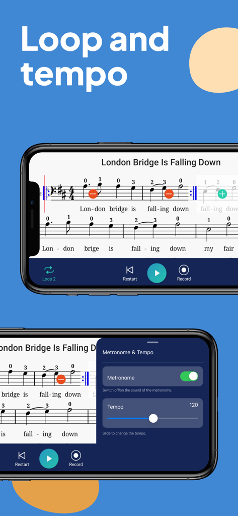 Sheet Music Reader Halbestunde - デジタル楽譜のループとテンポ設定を示すSheet Music Reader Halbestundeアプリのインターフェイス