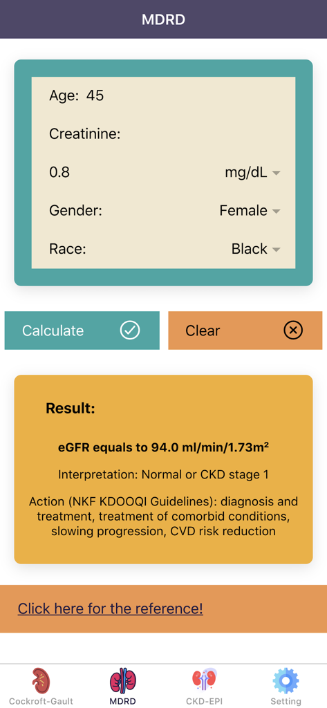 Clinical eGFR calculator interface showing MDRD results and CKD stage 1 interpretation for a patient.