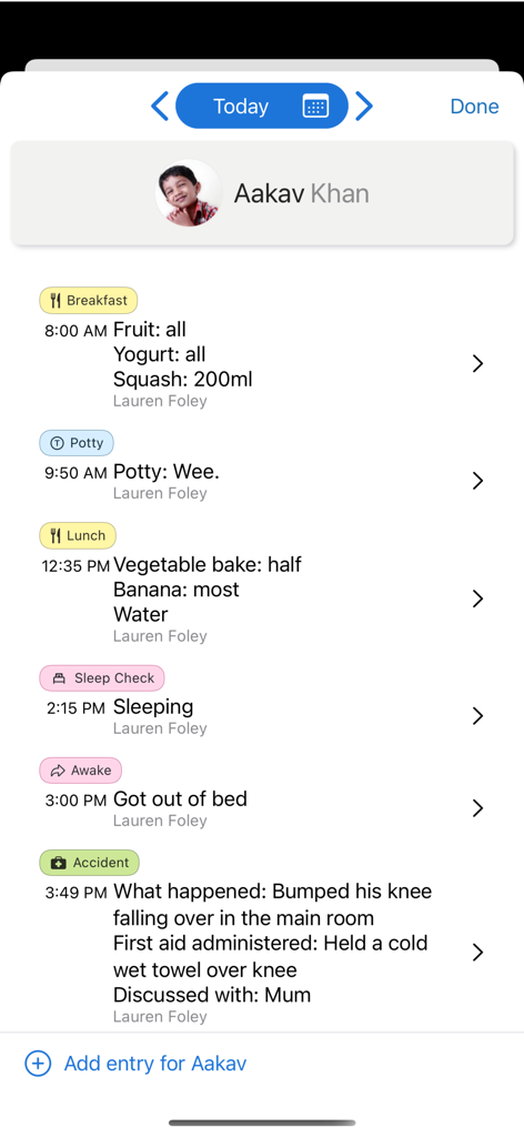 Tapestry Journal app interface showing a child's daily care log with meal and sleep entries