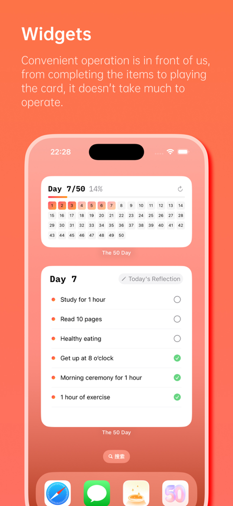 The 50 Day-Project 50 check-in - iPhone home screen displaying habit tracking widgets from The 50 Day app