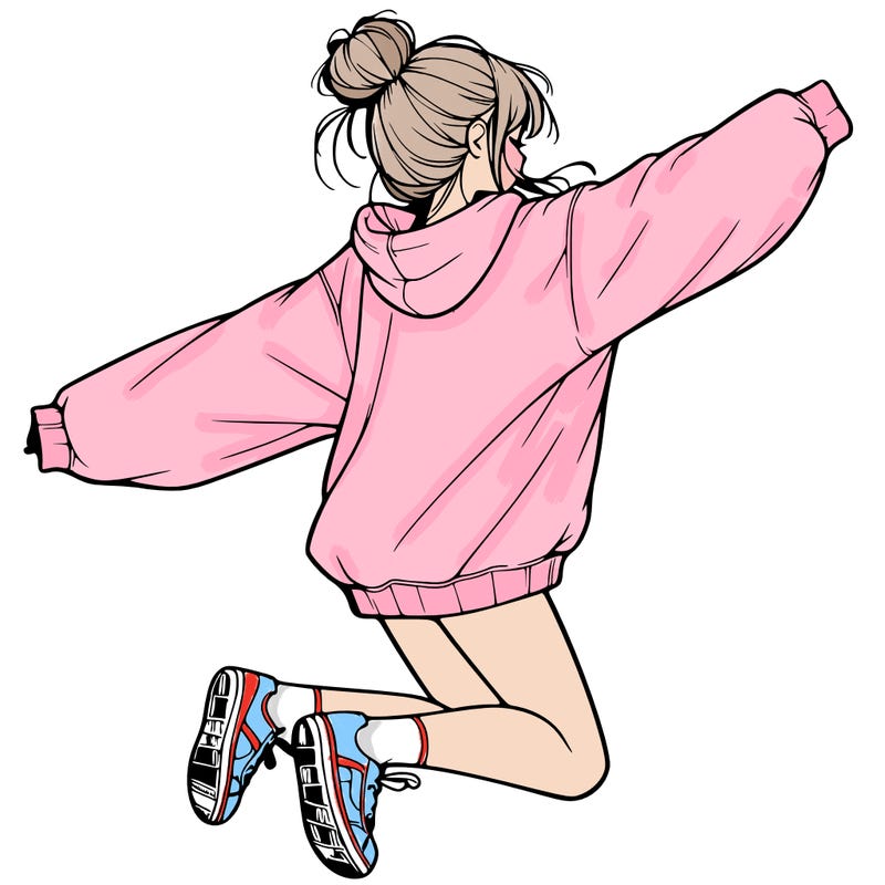 realistic girl jumping with a bun and oversized sweatshirt