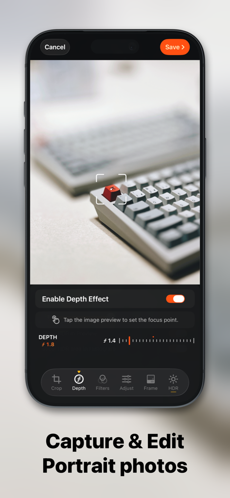 PhotonCam: Extendable Pro Cam - Pantalla de smartphone que muestra la aplicación PhotonCam con controles de modo retrato y efecto de profundidad para ajustar el bokeh en una foto.