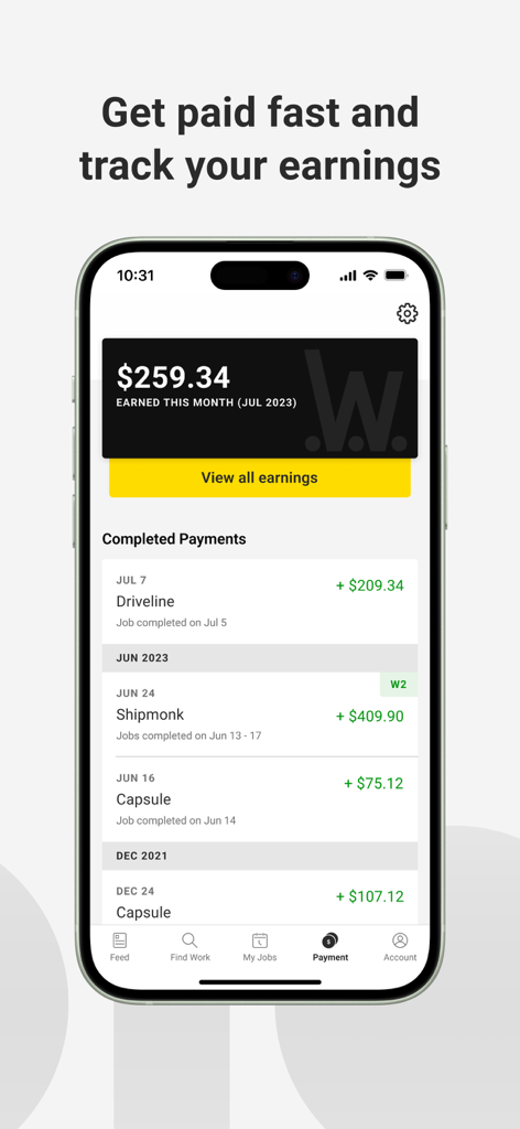 Wonolo app interface displaying monthly earnings and a list of completed payments from various jobs