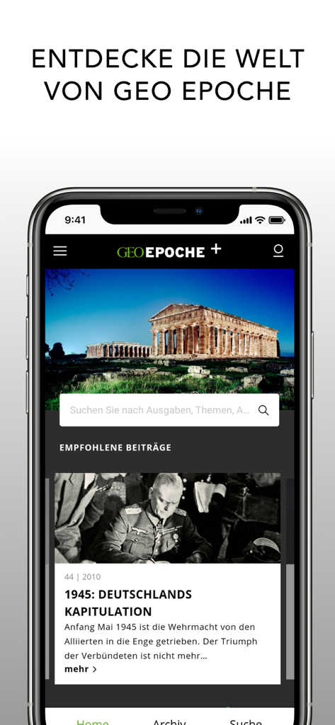 Interfaccia dell'app mobile GEO EPOCHE che mostra articoli di storia e funzioni di ricerca