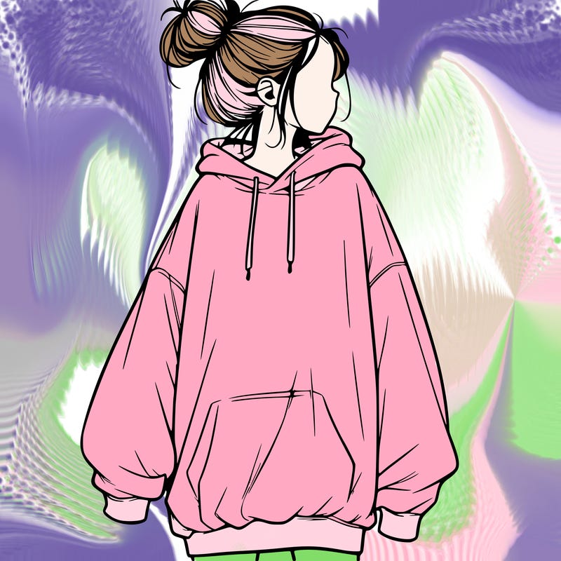 realistic girl with a oversized sweatshirt on and a bun