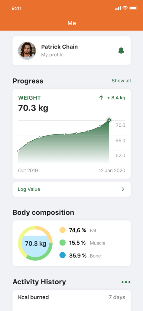 Pantalla de perfil de usuario de la App Island Fitness Centre mostrando un gráfico de progreso de peso y análisis de composición corporal