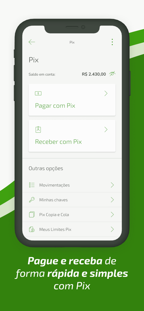 Tela do aplicativo Sicredi X mostrando opções de pagamento e recebimento instantâneo Pix.