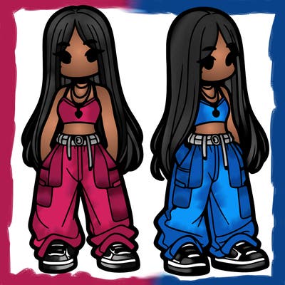 girl in baggy pants crop top and long hair