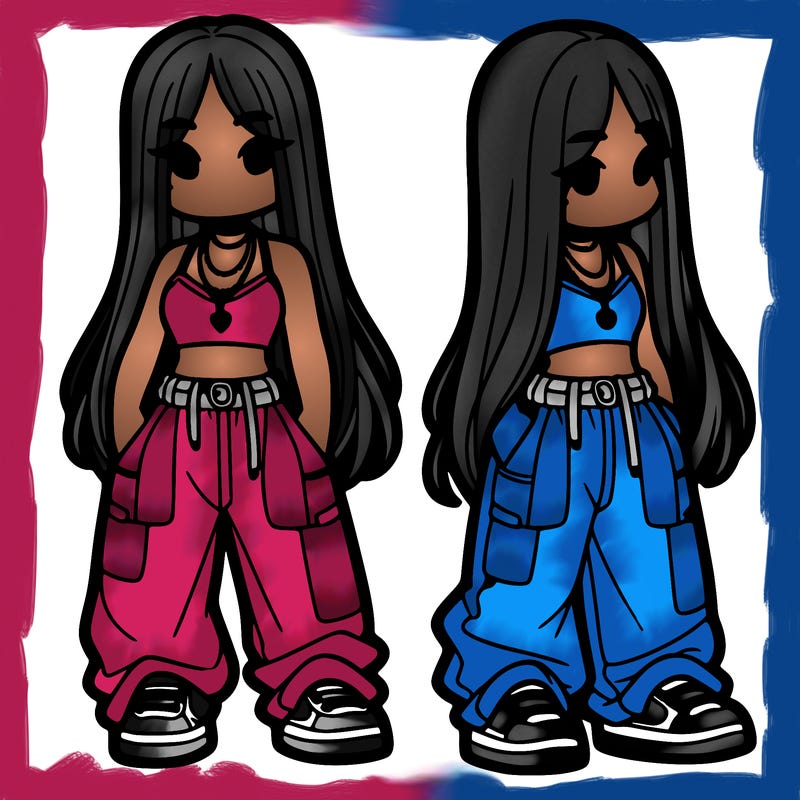 girl in baggy pants crop top and long hair