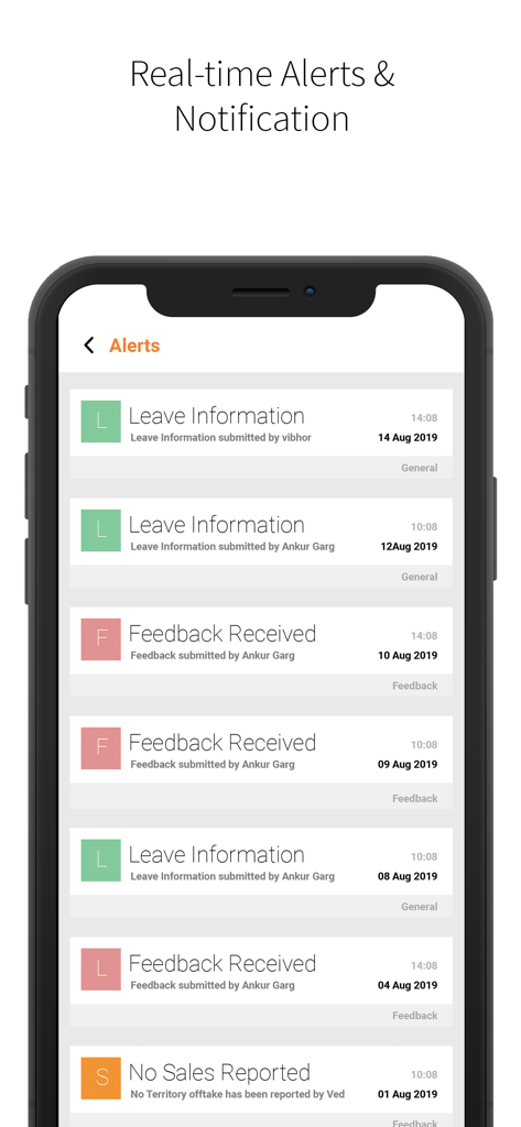 BeatRoute | CRM SFA - BeatRoute mobile app interface showing a list of real-time alerts and notifications for field sales teams