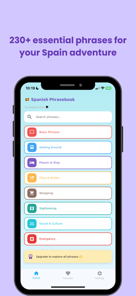 Spanish Phrasebook - スペイン語会話帳アプリのインターフェース。旅行者向けの基本フレーズや飲食などのカテゴリが表示されています