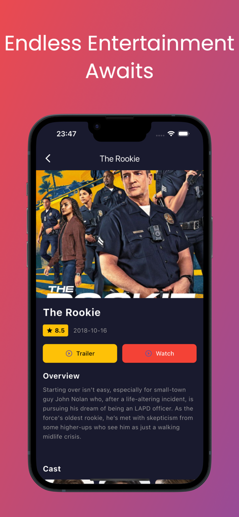 MovieMx : Movies & Tv Shows - MovieMxアプリのインターフェースに、テレビ番組の情報と評価が表示されています。