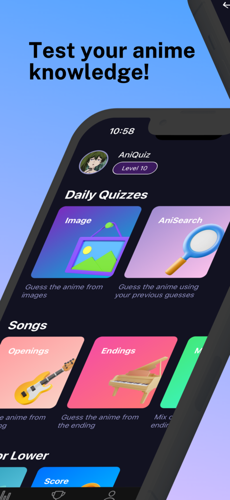 AniQuiz - Guess the Anime - Captura de pantalla de la aplicación AniQuiz que muestra concursos diarios y opciones de trivia de canciones de anime