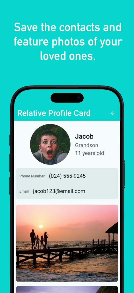 Recollect - Dementia Care - Eine Profilkarte eines Verwandten in der Recollect-App mit Kontaktinformationen des Enkels und hervorgehobenen Familienfotos zur Erkennung durch den Demenzkranken.