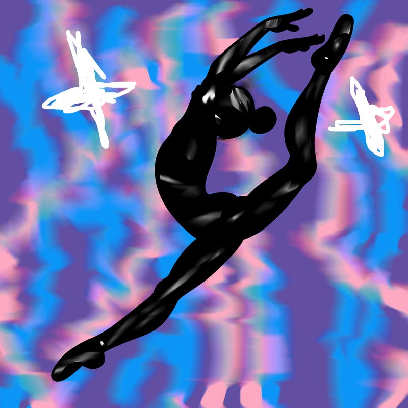 gymnast doing a leap in a leotard with a bent back leg
