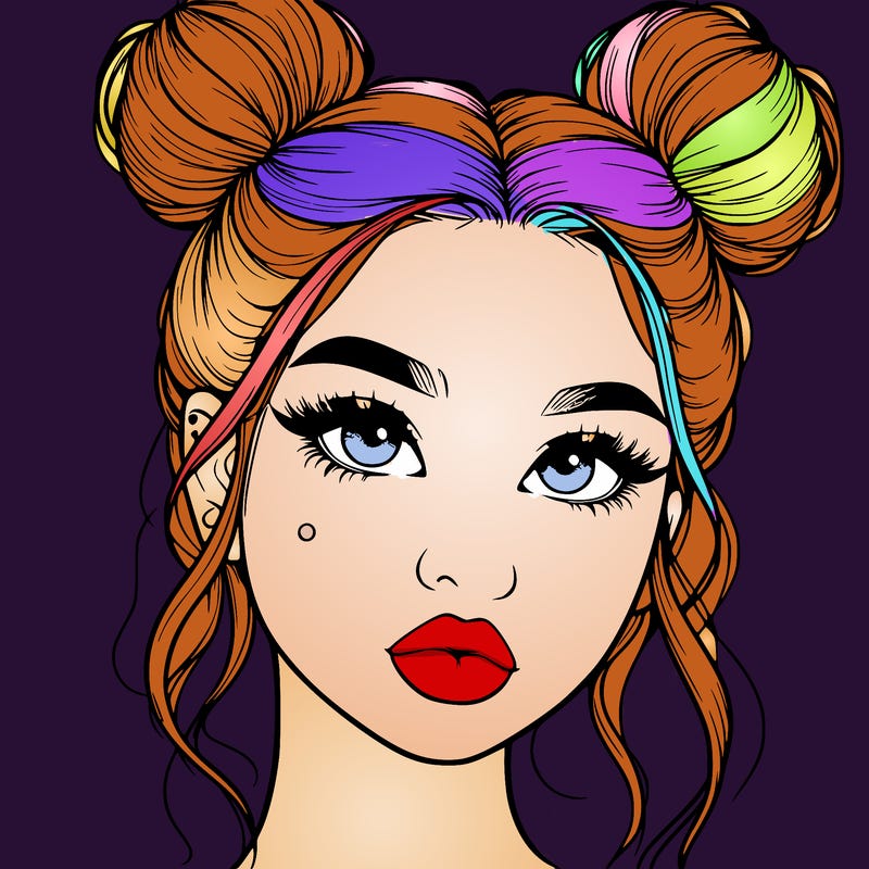 realistic girl with two buns on her hair and lips