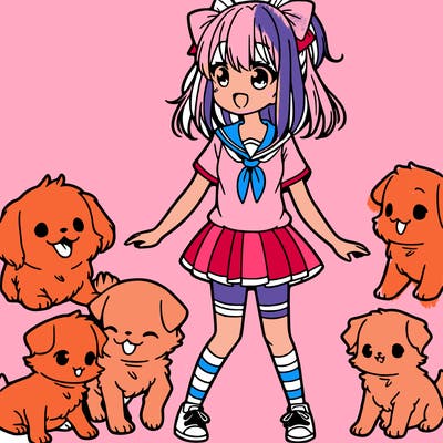 cute manga girl with 3 dogs around her