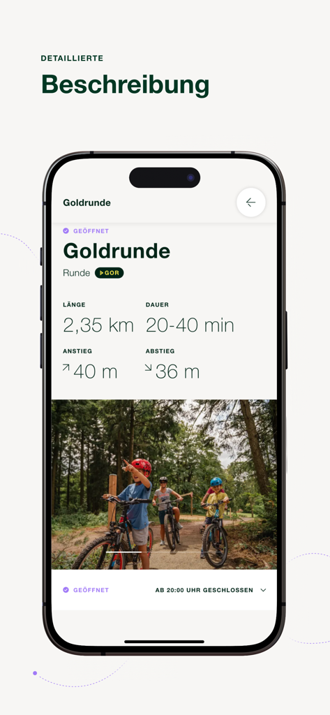 Green Trails - Bildschirm der Green Trails App, der detaillierte Informationen und Fotos für die Mountainbike-Route Goldrunde anzeigt
