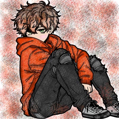 a male hoddie ripped jeans messy hair anime