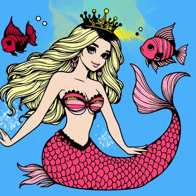 realistic mermaid with crown and fish