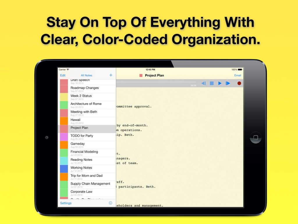 Audio Notebook: Voice Recorder - Audio Notebook iPad app showing color coded notes list and text editor