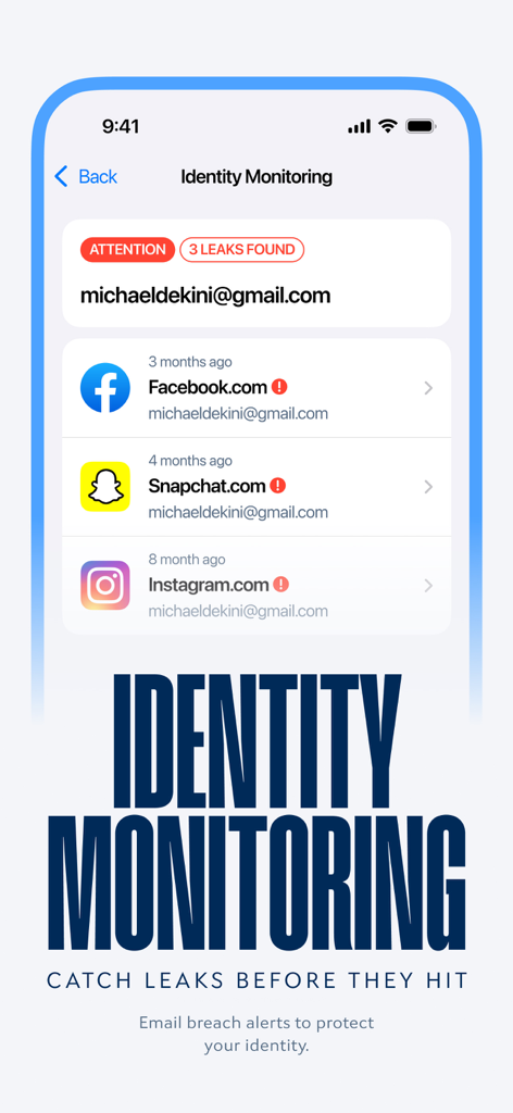 Interface de l'application Secura montrant la fonction de surveillance de l'identité avec une liste des fuites d'e-mails trouvées sur les plateformes de médias sociaux.