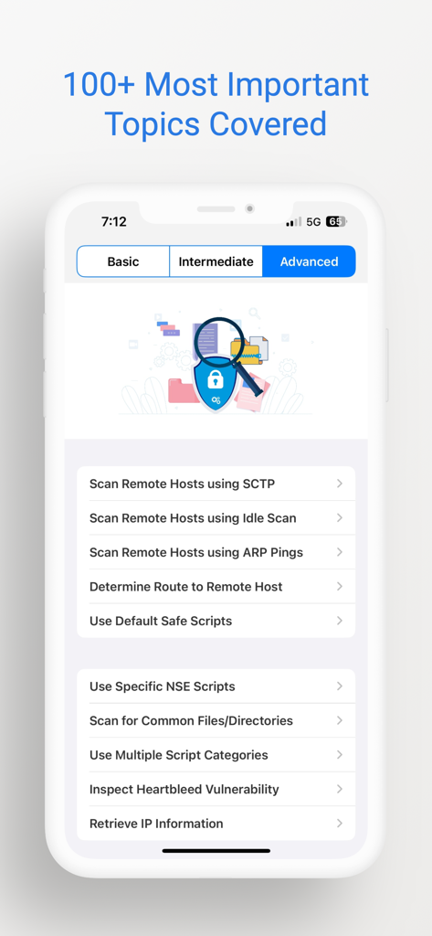 Nmap Guide - Screenshot of the Nmap Guide app showing advanced cybersecurity topics like NSE scripts and vulnerability inspection.