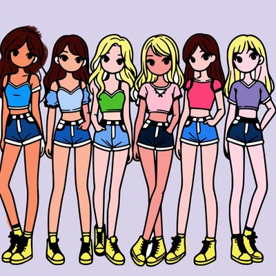 a group of girls wearing crop tops and shorts