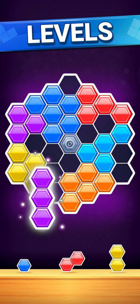 Blocos hexagonais coloridos sendo colocados em uma grade de puzzle no modo Hex Challenge.