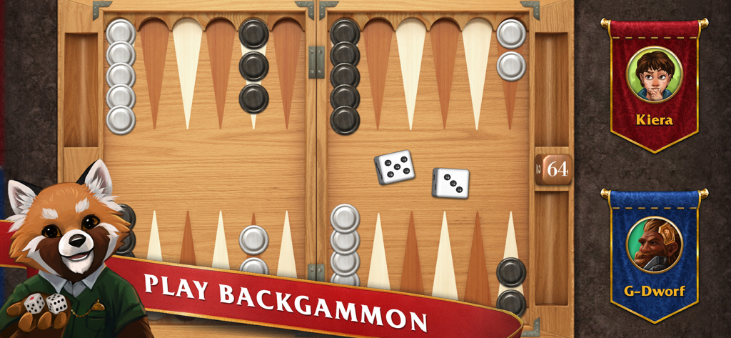 Backgammon Masters - Captura de pantalla del juego de Backgammon Masters que muestra un tablero de madera clásico con fichas negras y blancas y avatares de jugador.