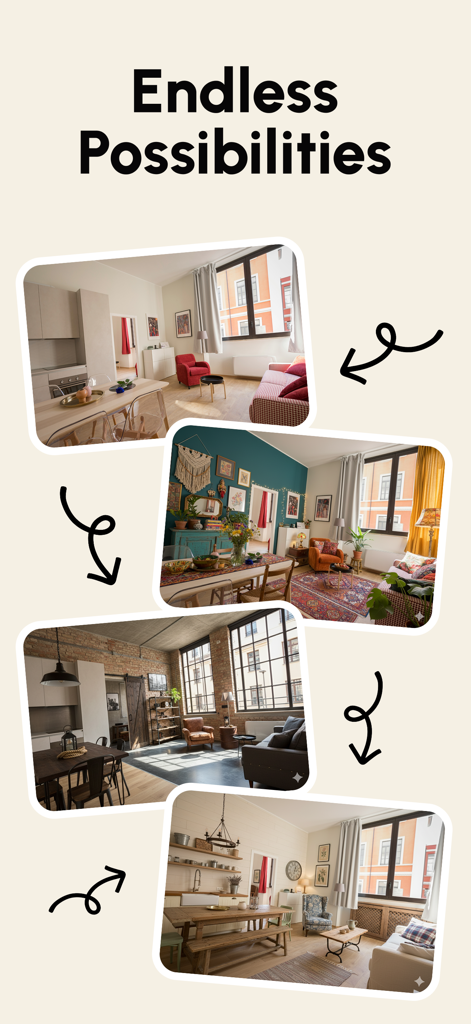 Visualize AI - Interior Design - Four different AI-generated interior design styles for a single room including bohemian, industrial, and rustic themes.