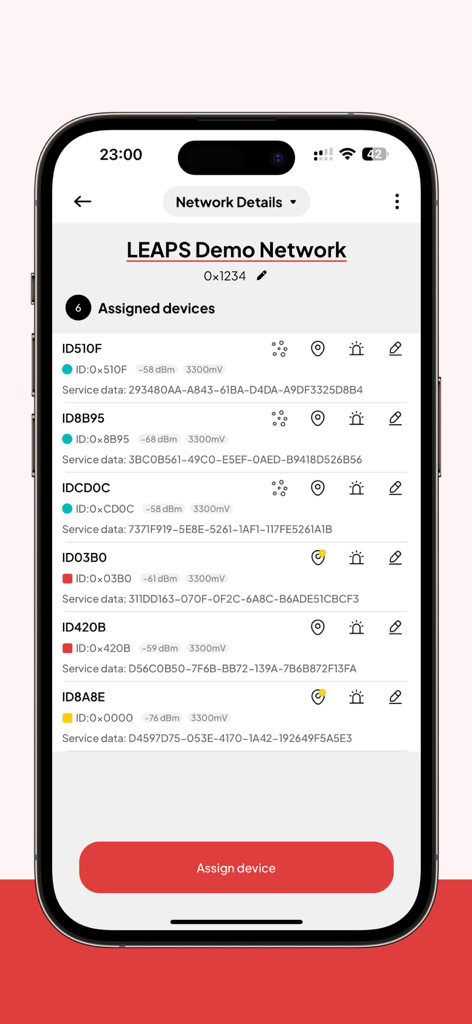 LEAPS Manager App-Oberfläche, die eine Liste zugewiesener IoT-Geräte in einer Netzwerkkonfiguration anzeigt