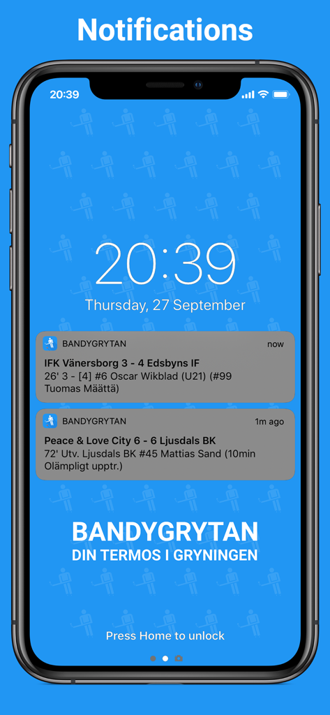 Bandygrytan - Smartphone lock screen showing real-time Swedish bandy game score notifications