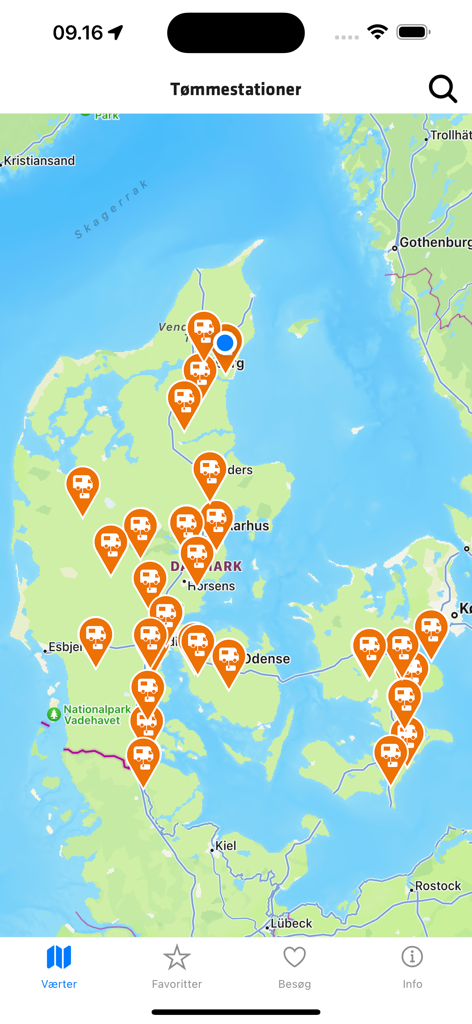 Pintrip - motorhome stopovers - Map view of the Pintrip app showing motorhome service and dumping stations across Denmark