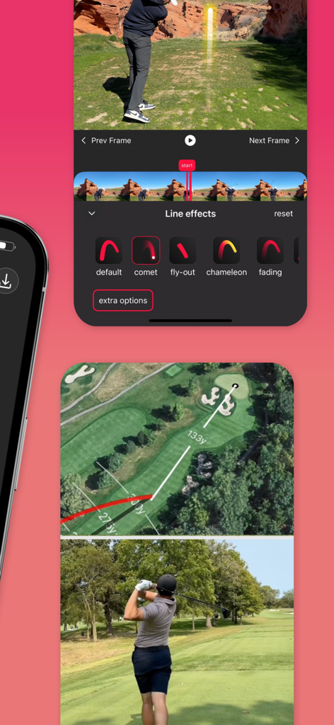 Interface de l'application de traçage de coup de golf avec effets de ligne et visualisation de carte 3D.