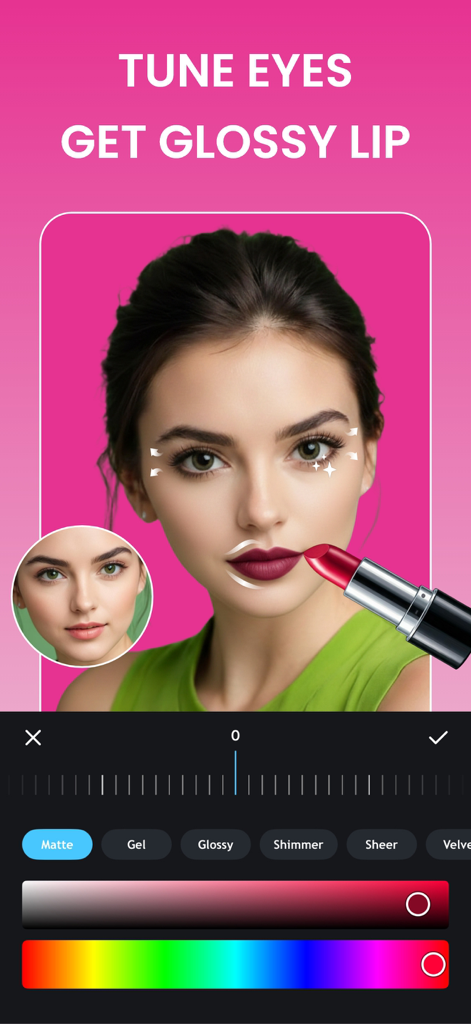 Body Tune - Beauty Face Editor - Una mujer usando la app Body Tune para aplicar lápiz labial digital y realzar sus ojos con herramientas de retoque facial.