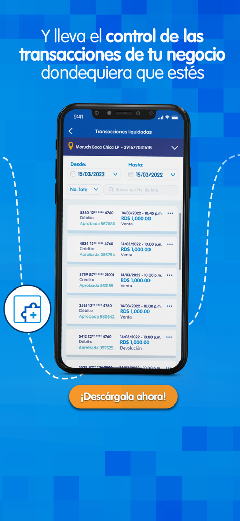 App AZUL - Pantalla de smartphone mostrando una lista de transacciones comerciales liquidadas en la interfaz de App AZUL