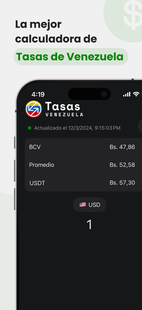 Tasas Venezuela mobile app showing dollar to bolivares exchange rates