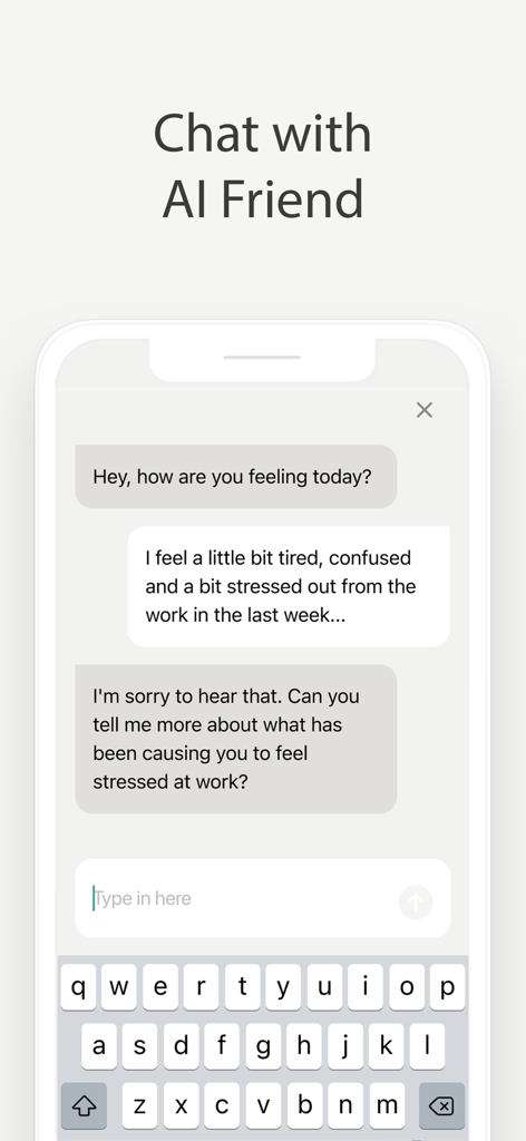 Reflect app screen showing a guided conversation with an AI friend about managing work stress.