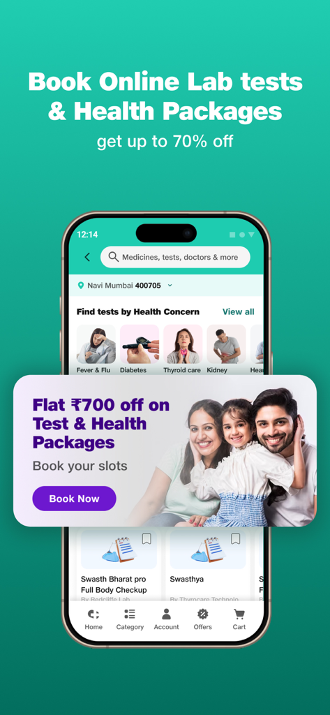 Netmeds mobile app screen for booking online lab tests and health packages