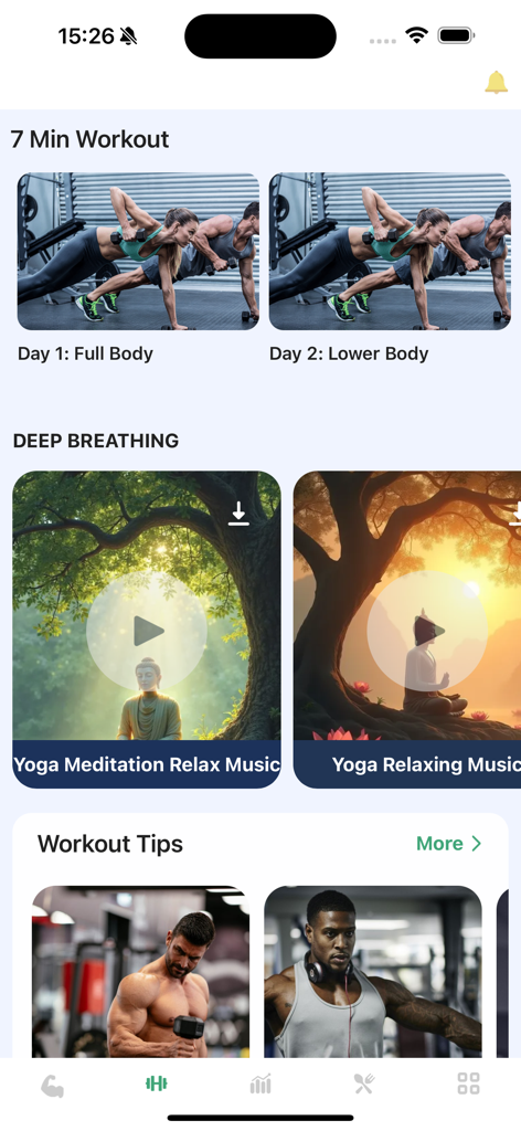 Arm Workout & Bicep Exercise#1 - Panel de la aplicación que muestra entrenamientos rápidos de 7 minutos, música de meditación y consejos profesionales de fitness.