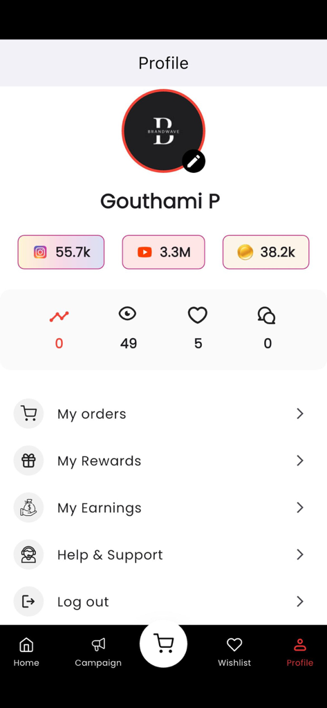 Brandwave.ai - User profile dashboard of Brandwave.ai app showing influencer social media stats and reward earnings