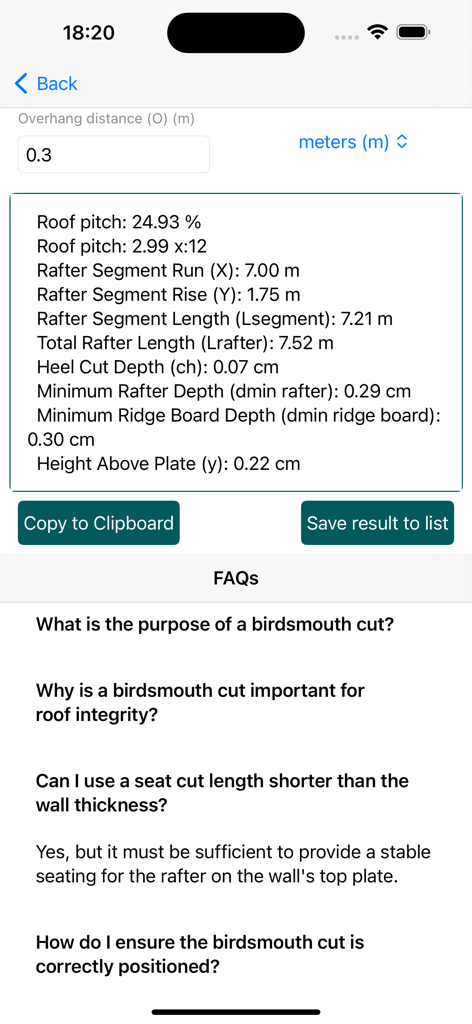Construction Roofing calc - Technical roofing calculation results including pitch and rafter length in the Construction Roofing calc app