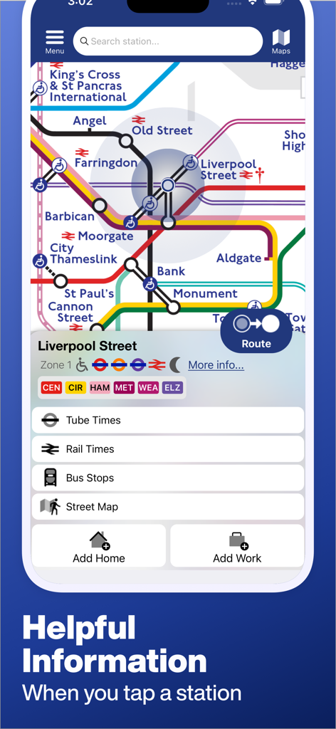 A screenshot of the Tube Map Pro app interface displaying navigation details and transport times for Liverpool Street station in London