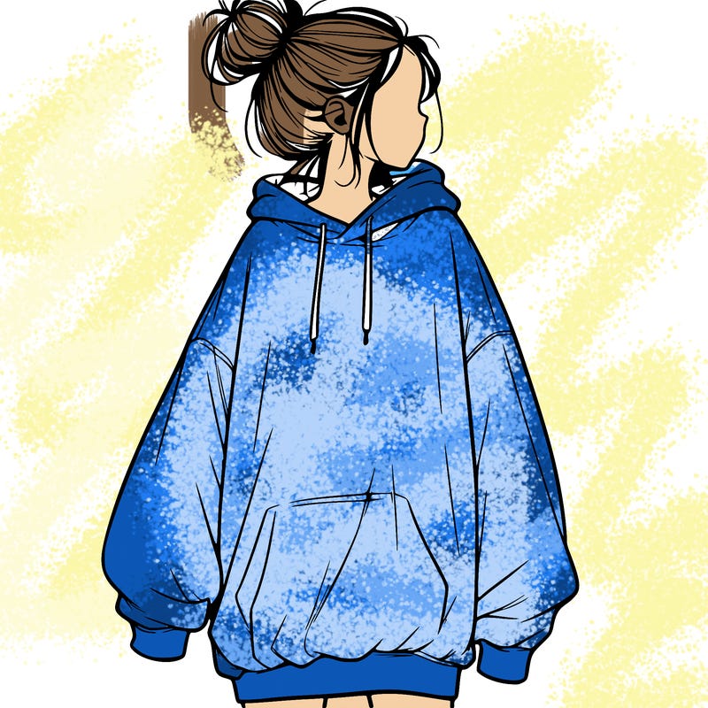 realistic girl with a oversized sweatshirt on and a bun