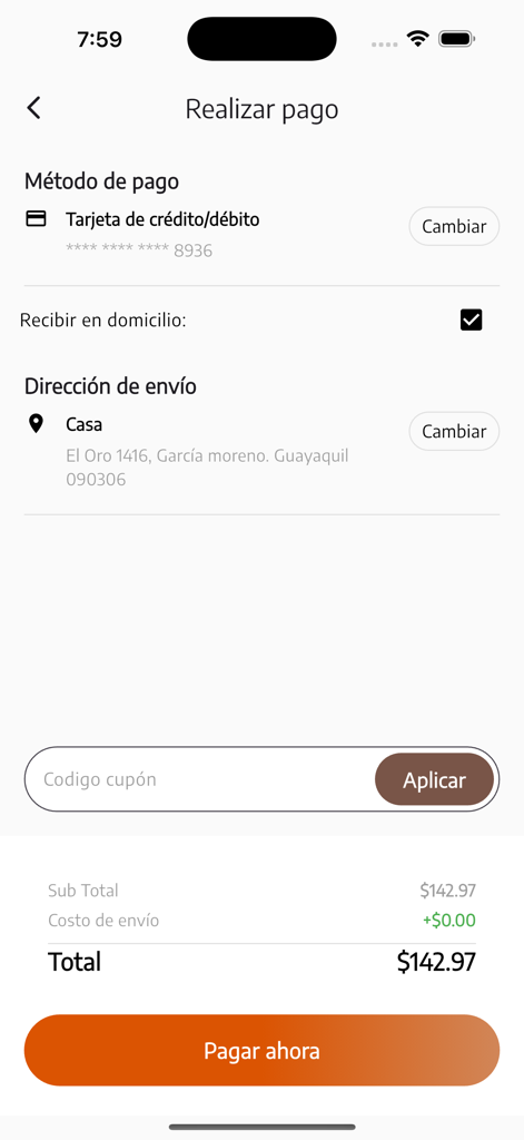 Ecuadelivery - Kassen- und Zahlungsübersichtsseite für die Ecuadelivery App mit einer Versandadresse in Guayaquil und Gesamtbetrag